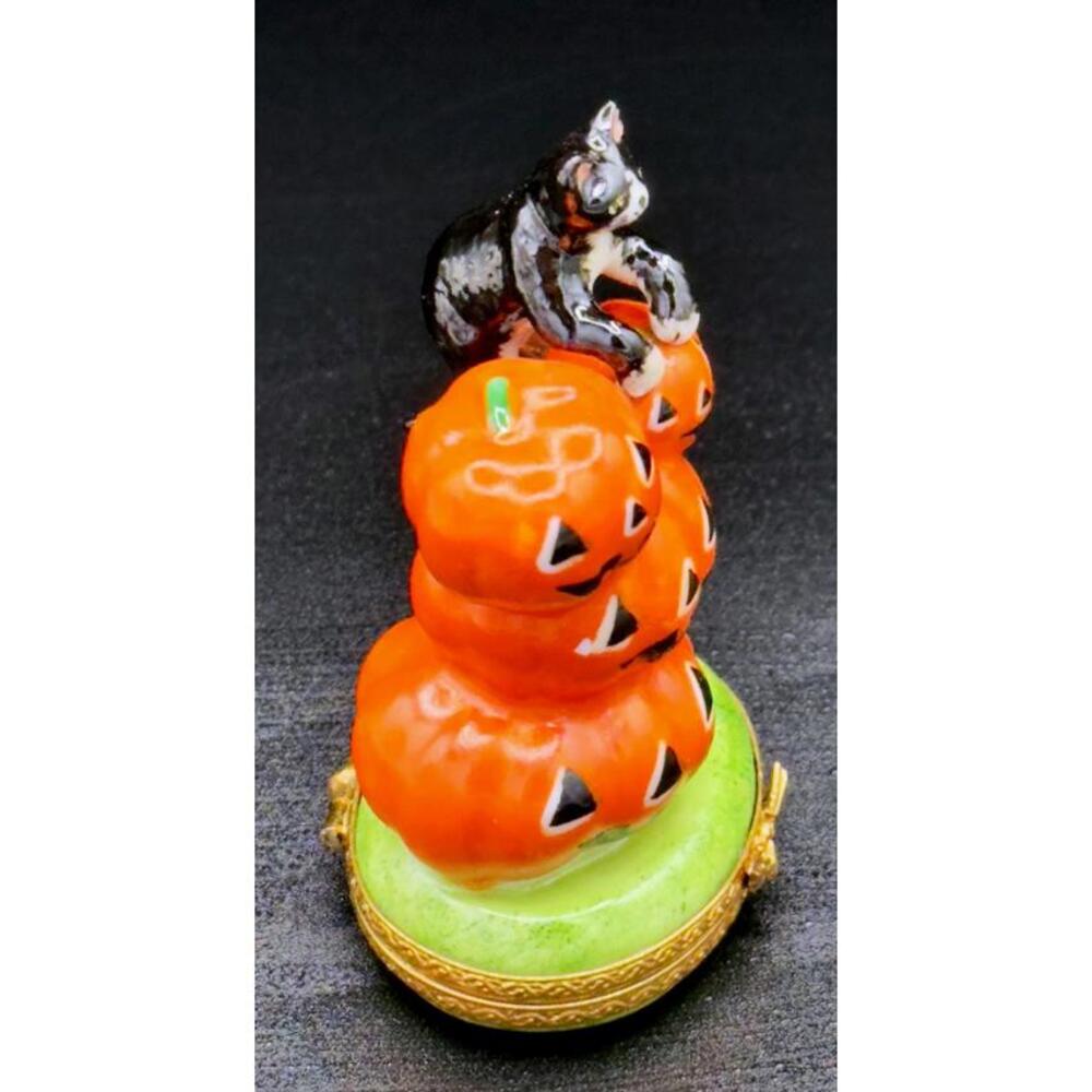 Rare Authentic Limoges France Halloween Black Cat Jack O Lantern Trinket Box - Picture 2 of 8